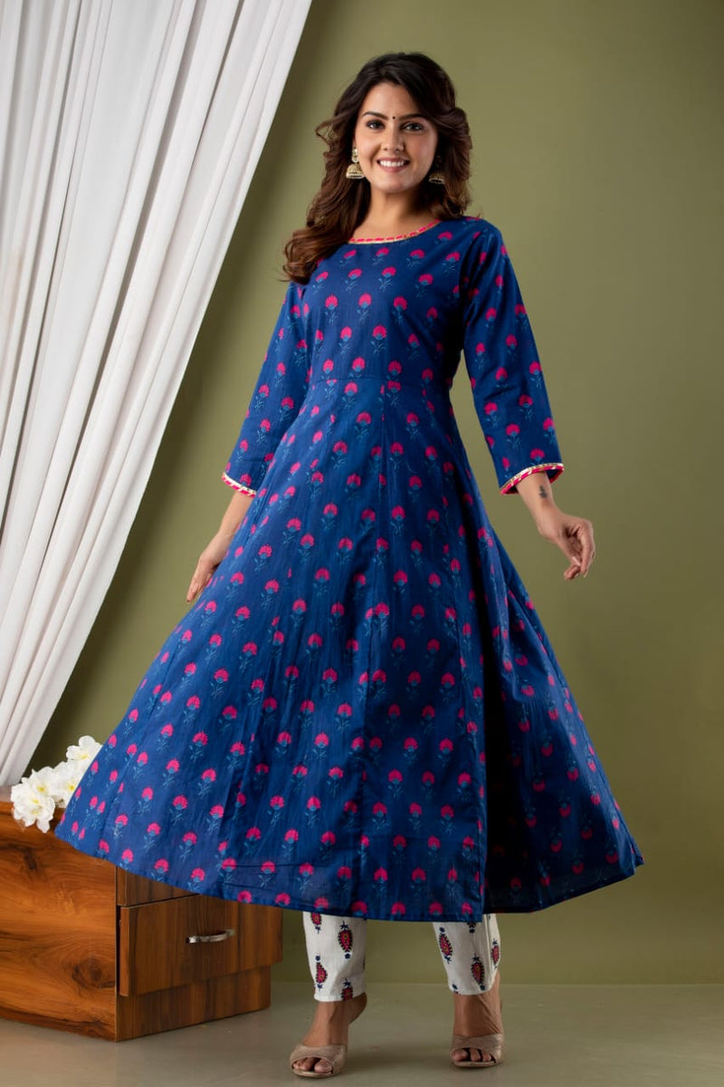 Royal Blue &Pink Floral Suit With Dupatta