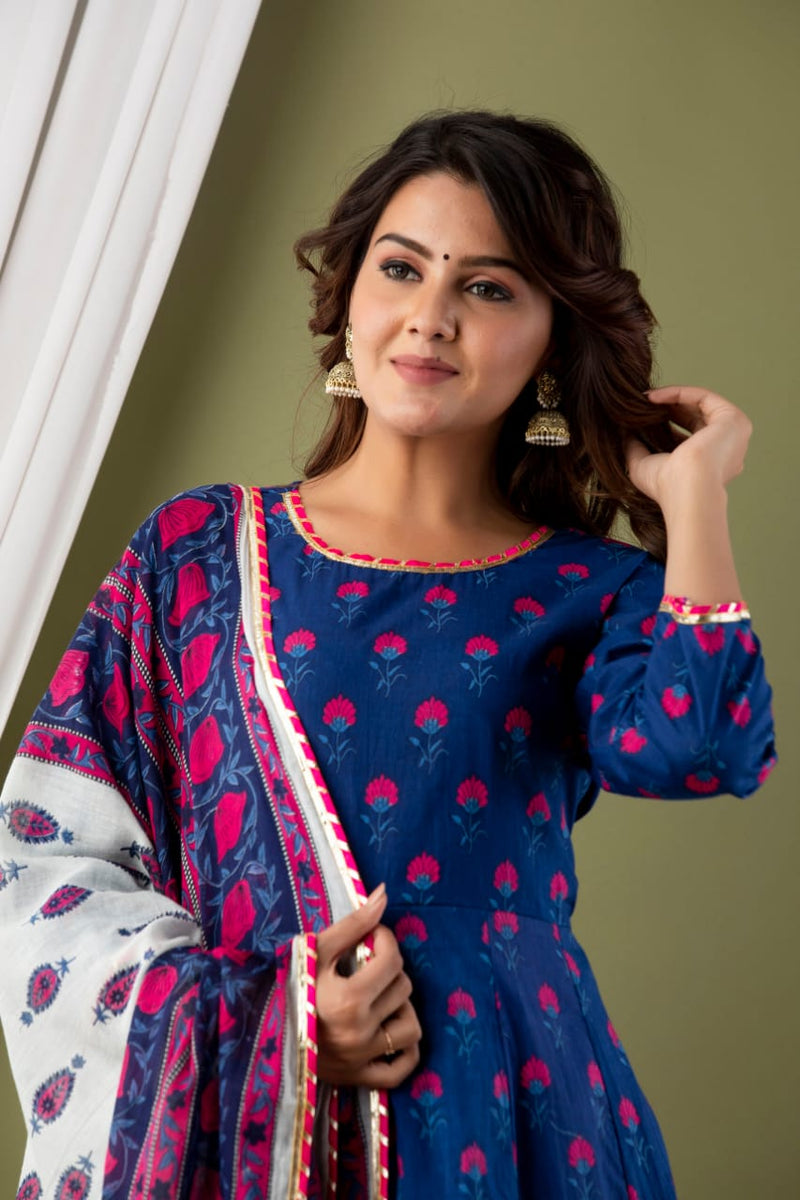 Royal Blue &Pink Floral Suit With Dupatta