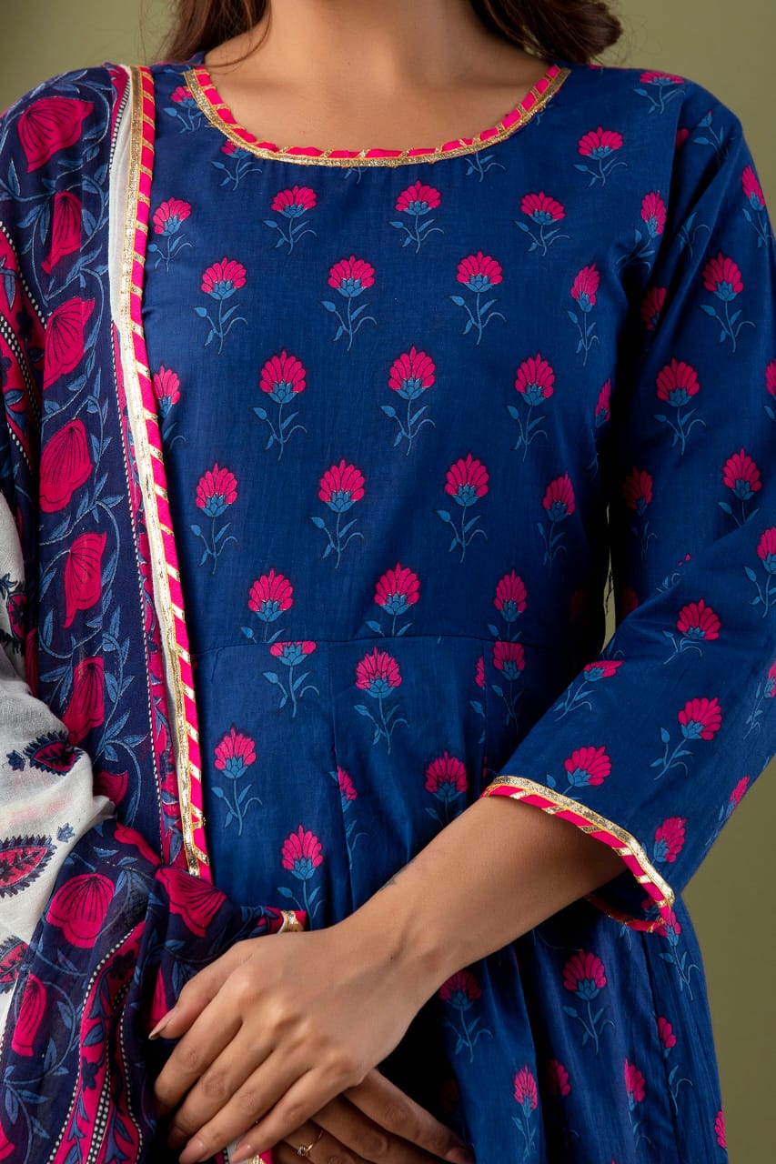 Royal Blue &Pink Floral Suit With Dupatta