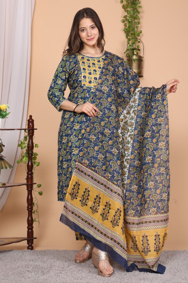 Navy & Mustard Designer Suit Suit With Dupatta