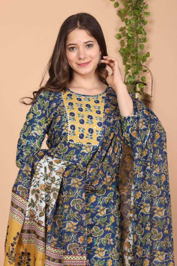 Navy & Mustard Designer Suit Suit With Dupatta