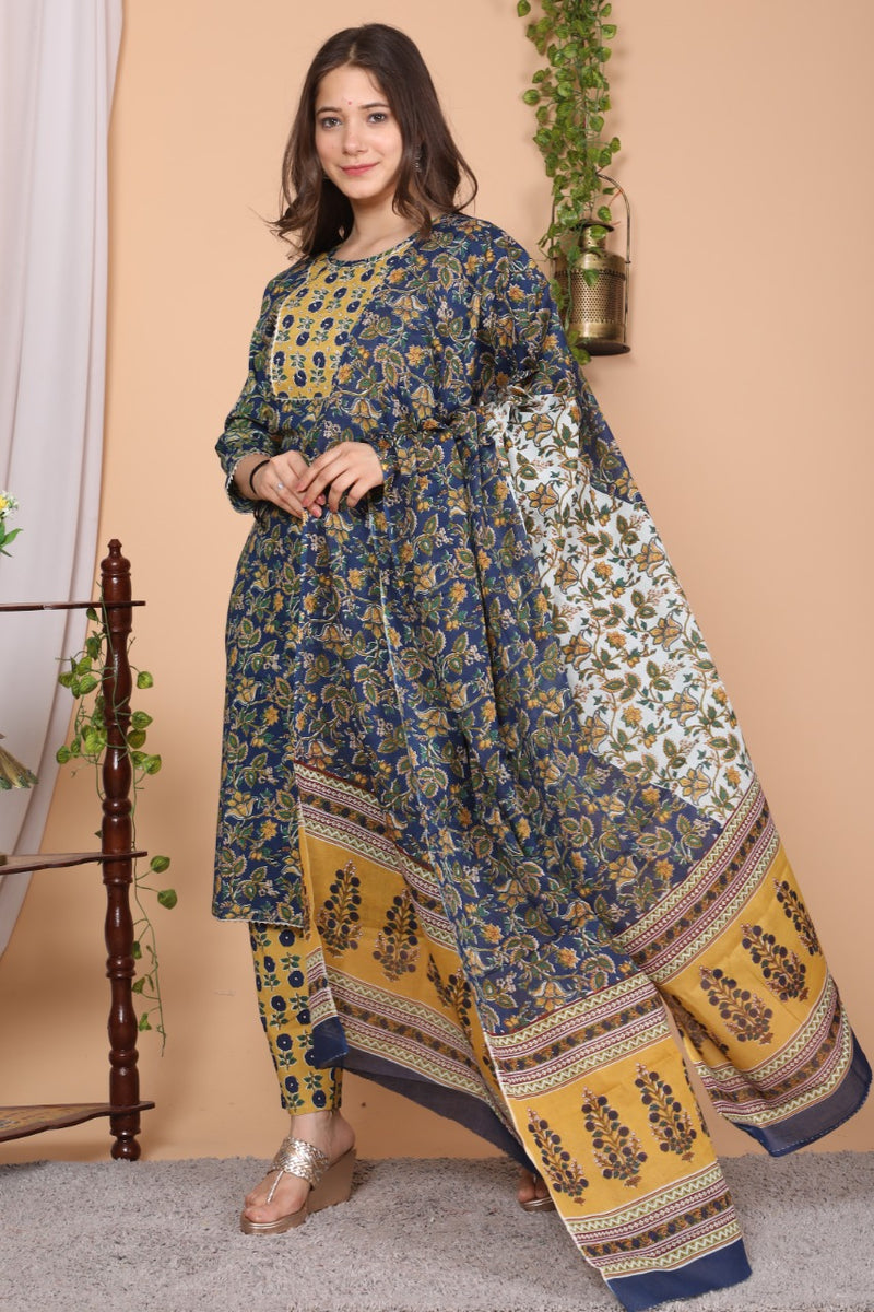 Navy & Mustard Designer Suit Suit With Dupatta