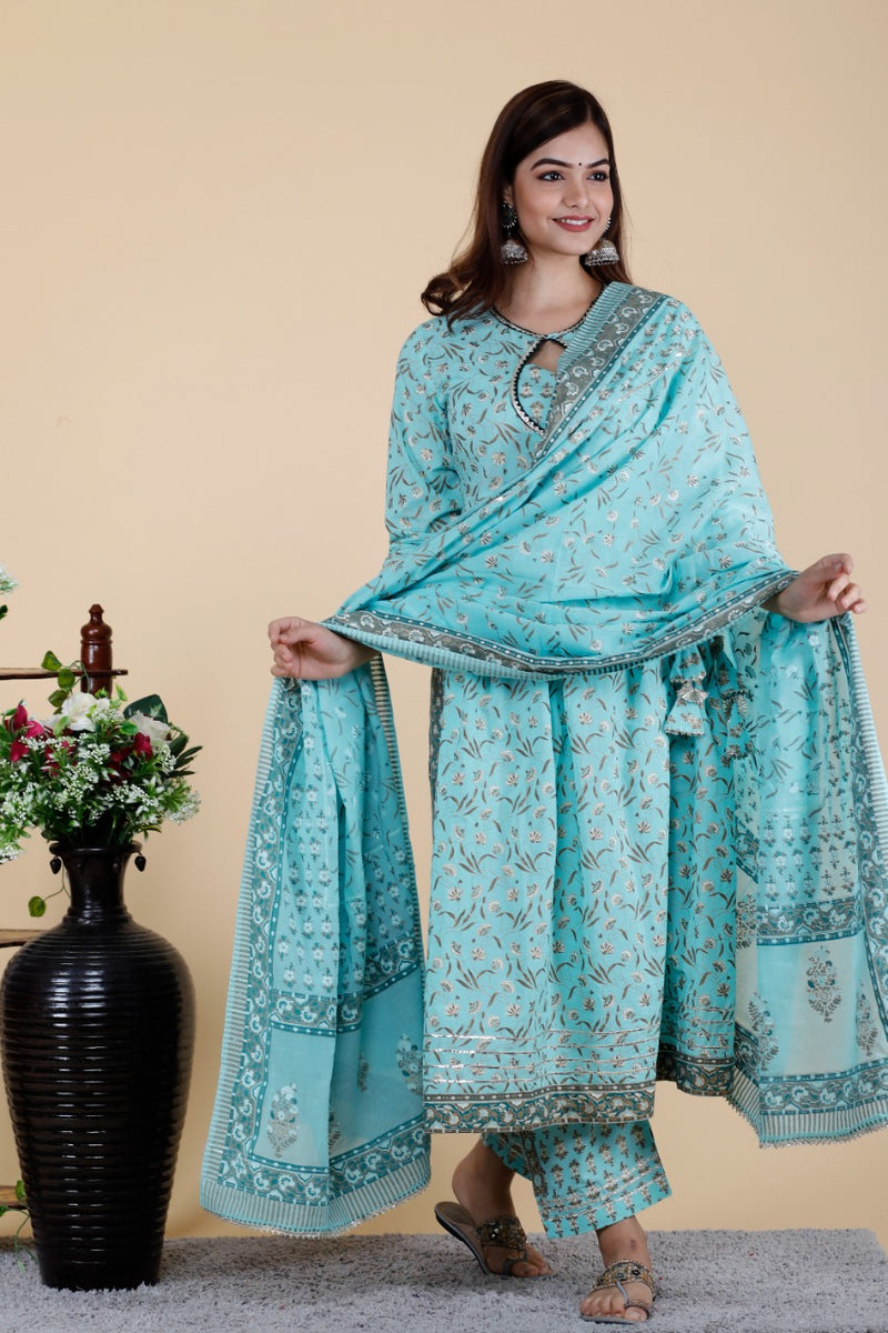 Sky Blue Designer Kurti Set With Dupatta