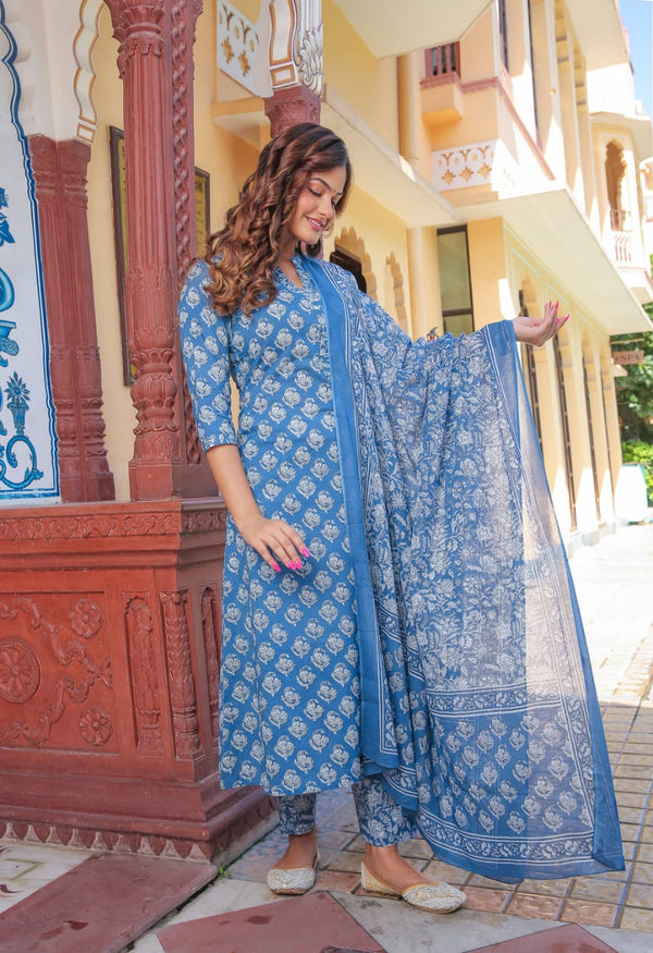 Indigo Designer Suit With Bright Dupatta