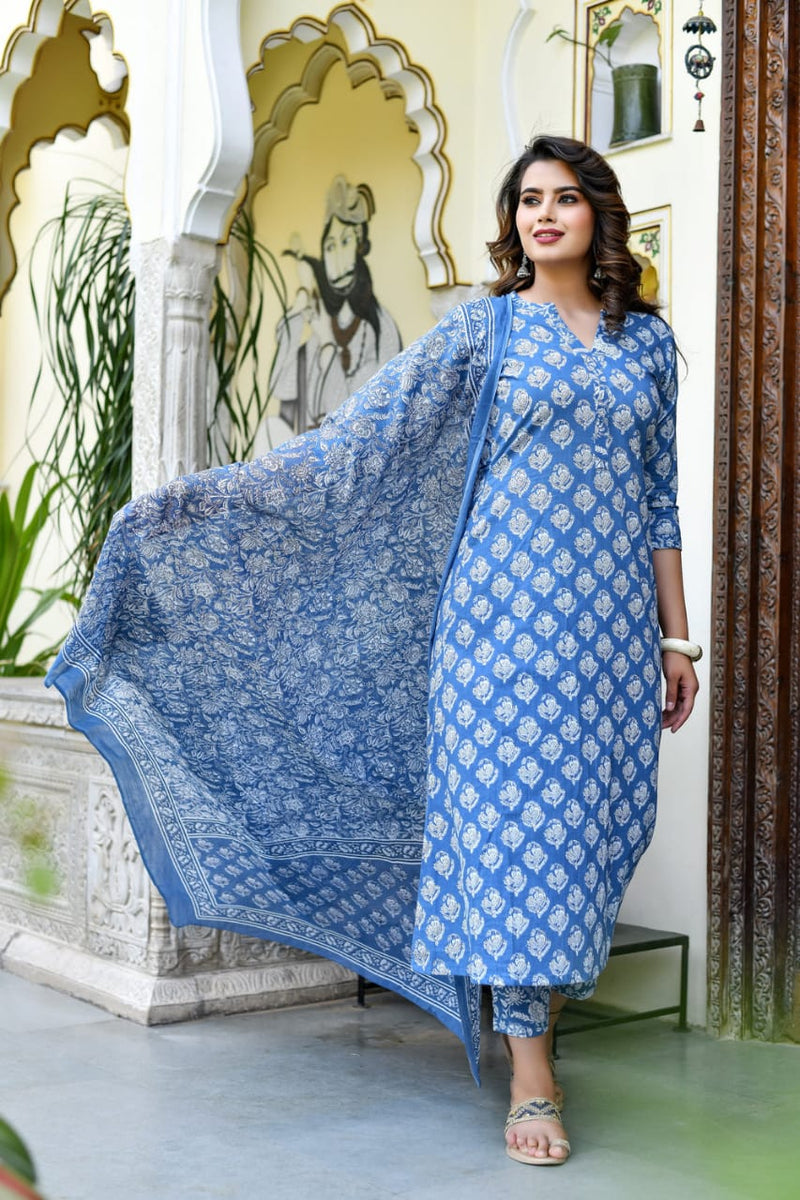 Indigo Designer Suit With Bright Dupatta