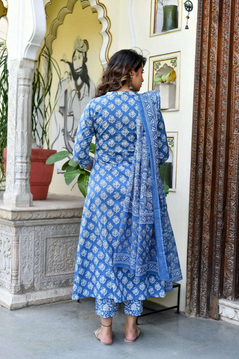 Indigo Designer Suit With Bright Dupatta