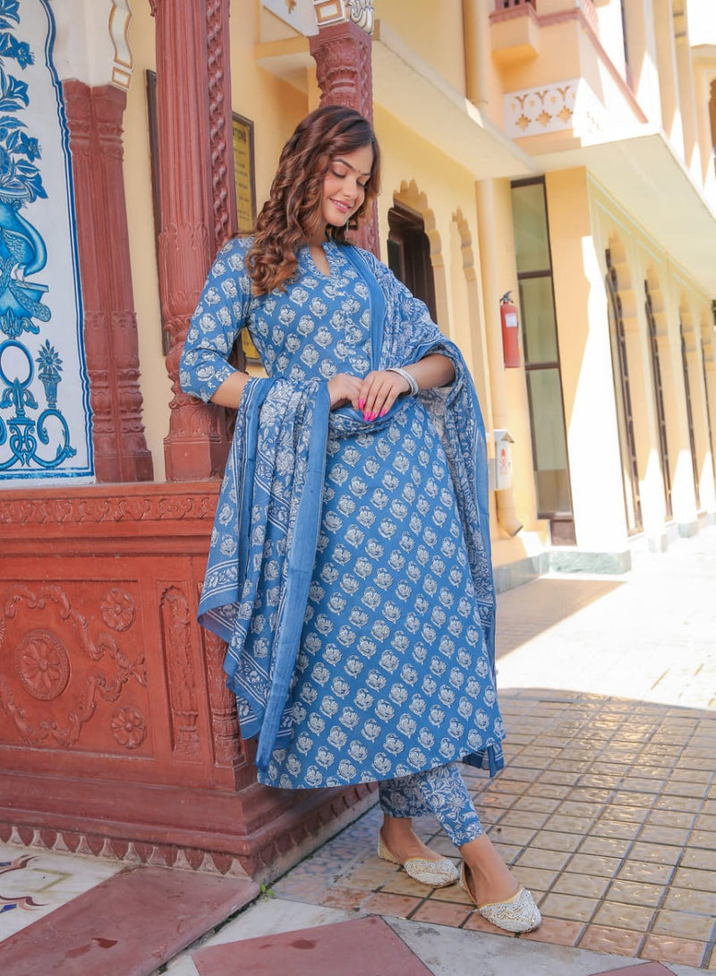 Indigo Designer Suit With Bright Dupatta