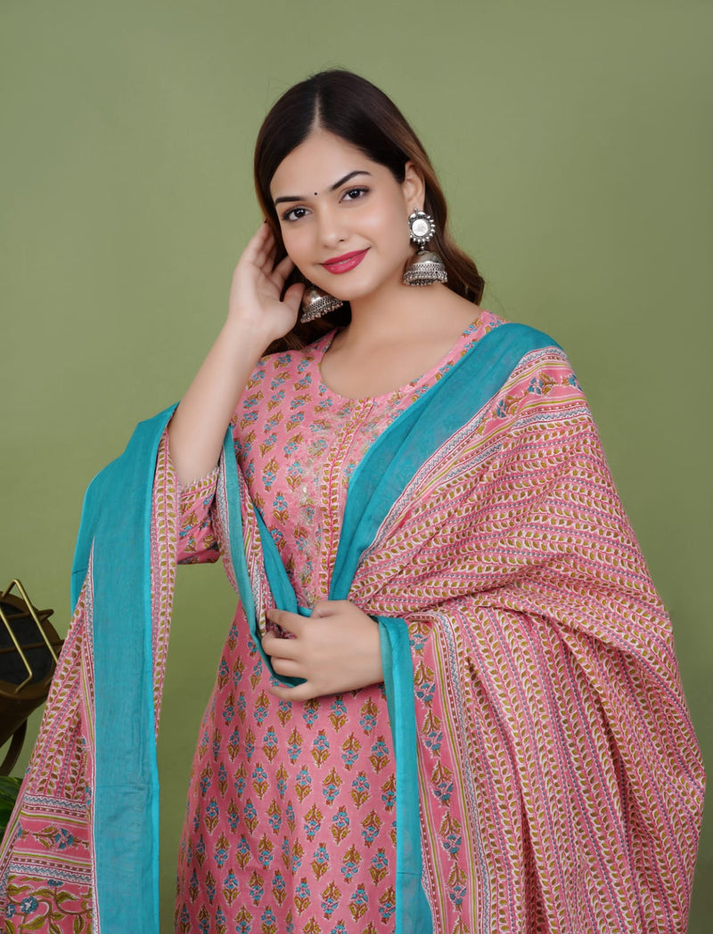 Designer Hanblock Cotton Suit With Dupatta