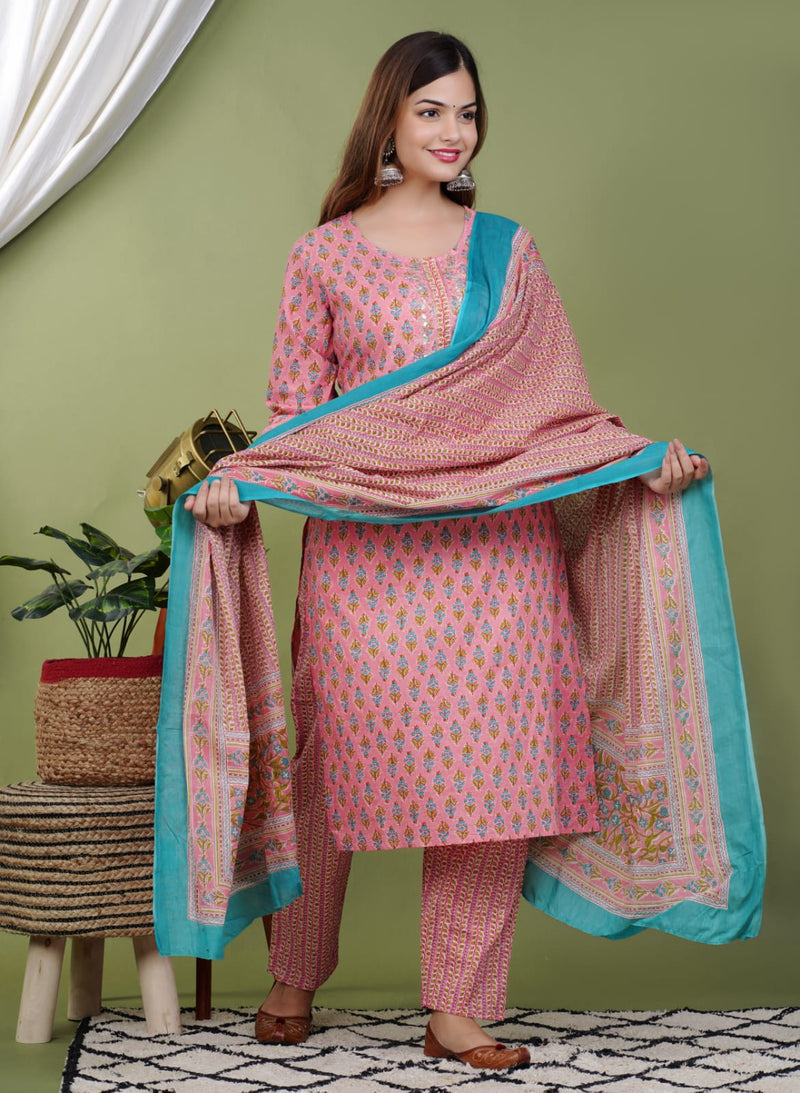 Designer Hanblock Cotton Suit With Dupatta