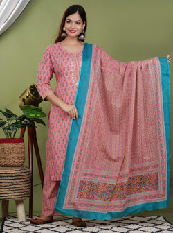 Designer Hanblock Cotton Suit With Dupatta