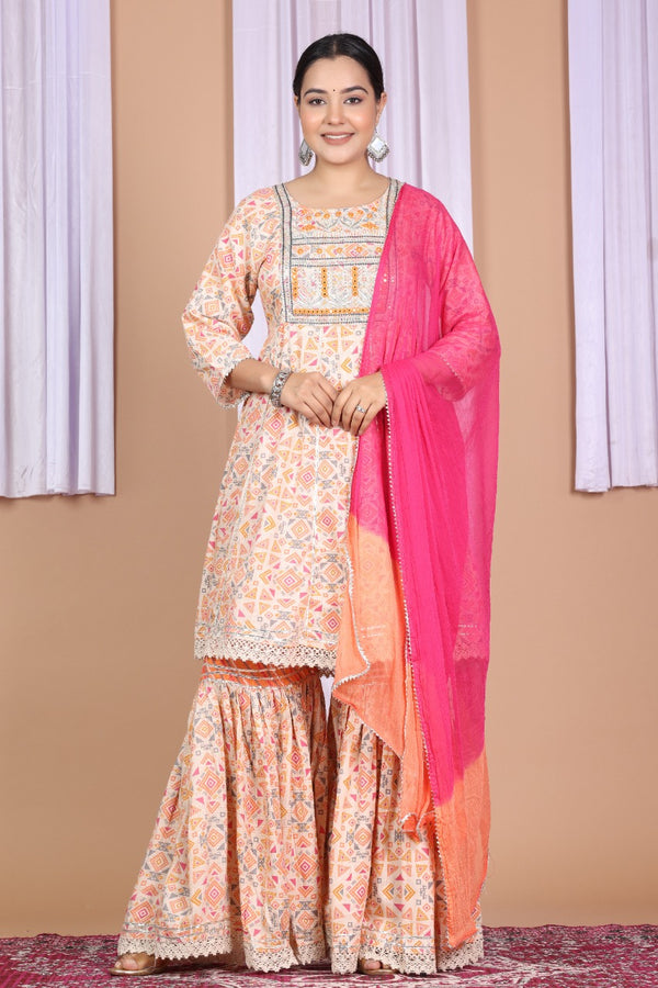 Creamie Printed Suit With Duppata