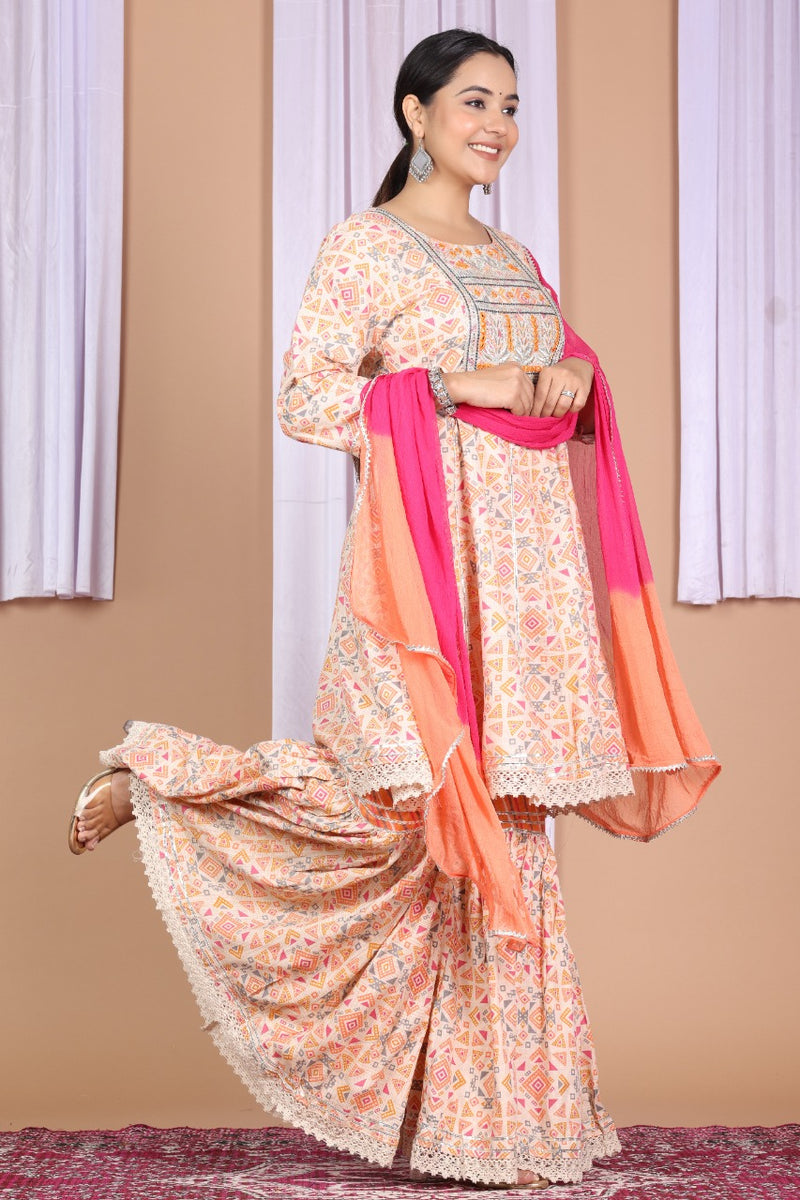 Creamie Printed Suit With Duppata