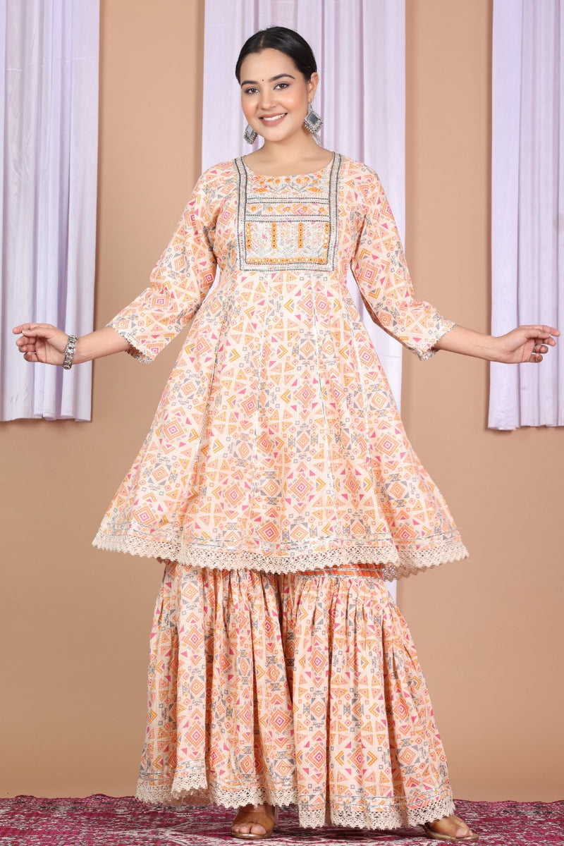 Creamie Printed Suit With Duppata