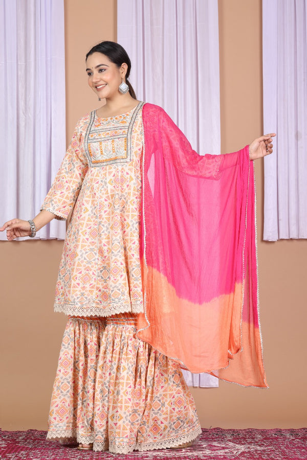 Creamie Printed Suit With Duppata