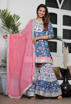 Blue-Pink Designer Aanarkali Suit with Dupatta