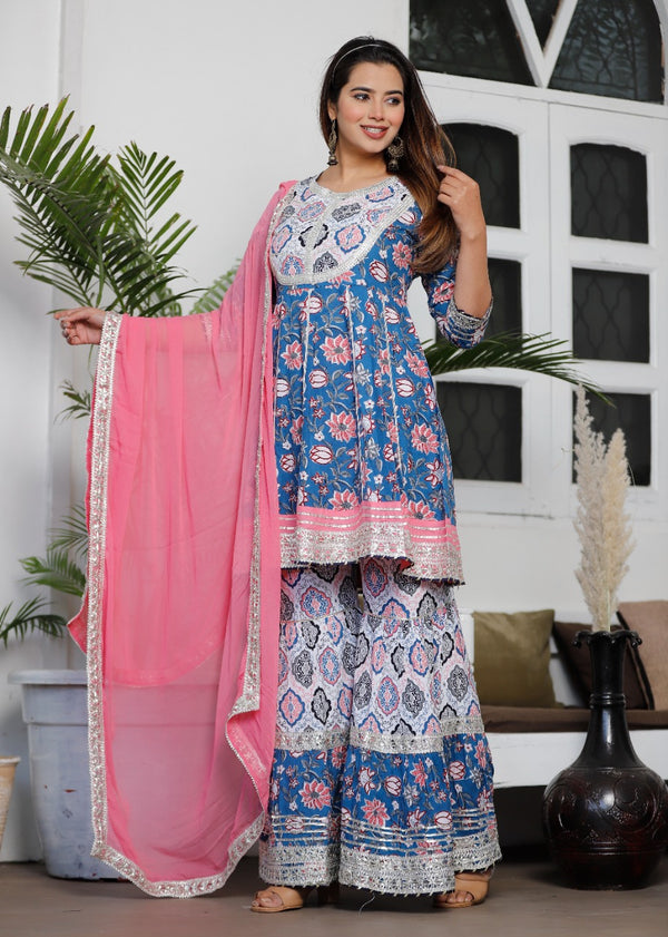 Blue-Pink Designer Aanarkali Suit with Dupatta