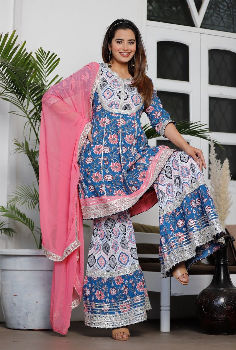 Blue-Pink Designer Aanarkali Suit with Dupatta