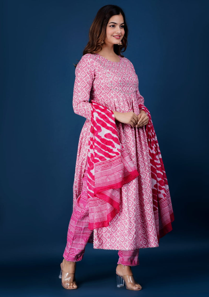 Beautiful Pink Nayra Cut Kurti Suit With Dupatta