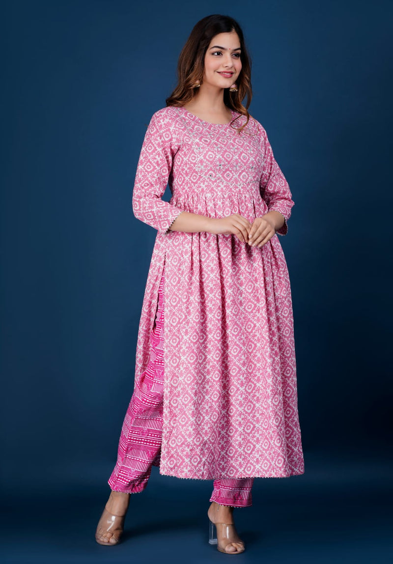 Beautiful Pink Nayra Cut Kurti Suit With Dupatta