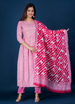 Beautiful Pink Nayra Cut Kurti Suit With Dupatta