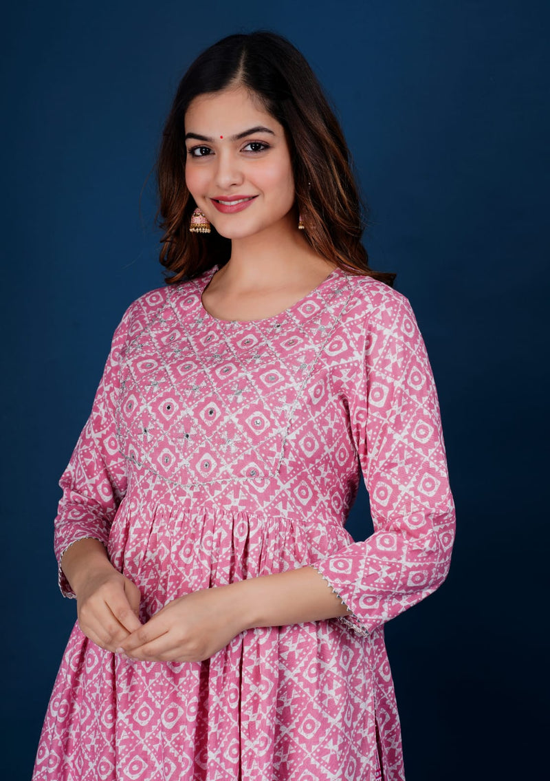 Beautiful Pink Nayra Cut Kurti Suit With Dupatta