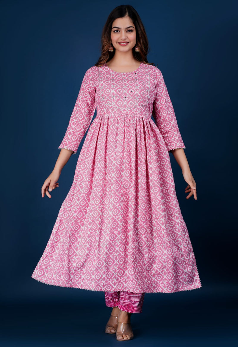 Beautiful Pink Nayra Cut Kurti Suit With Dupatta