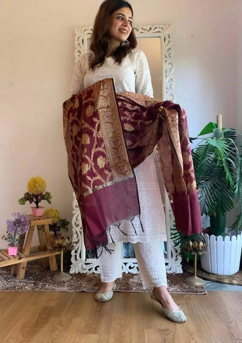 Chikankari Suit With Banarasi Dupatta