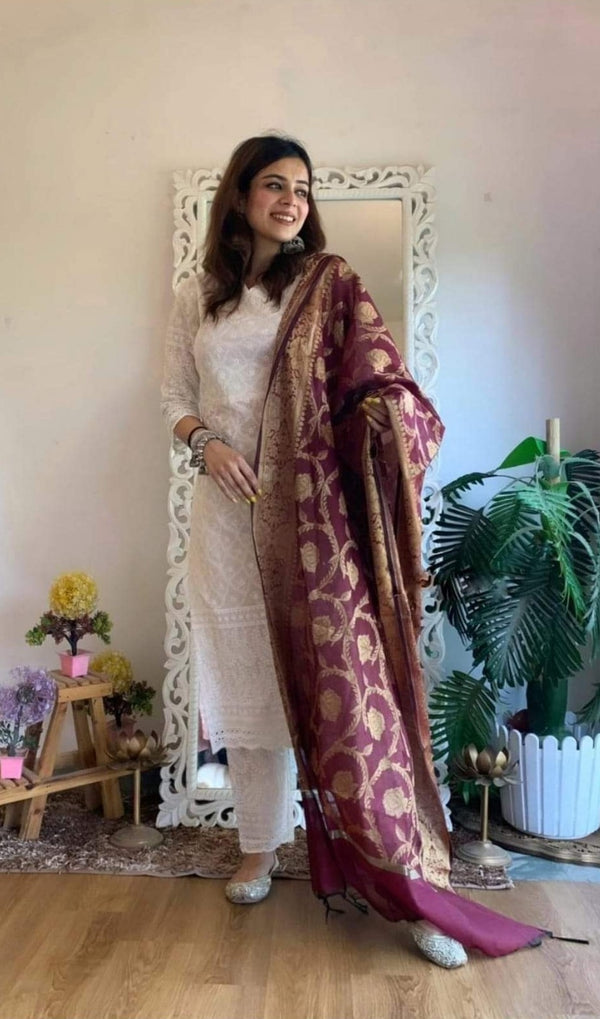 Chikankari Suit With Banarasi Dupatta