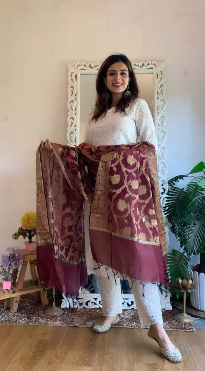 Chikankari Suit With Banarasi Dupatta