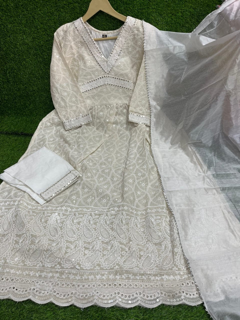 Beautiful off white Nayra Cut Kurti With Pant and Dupatta