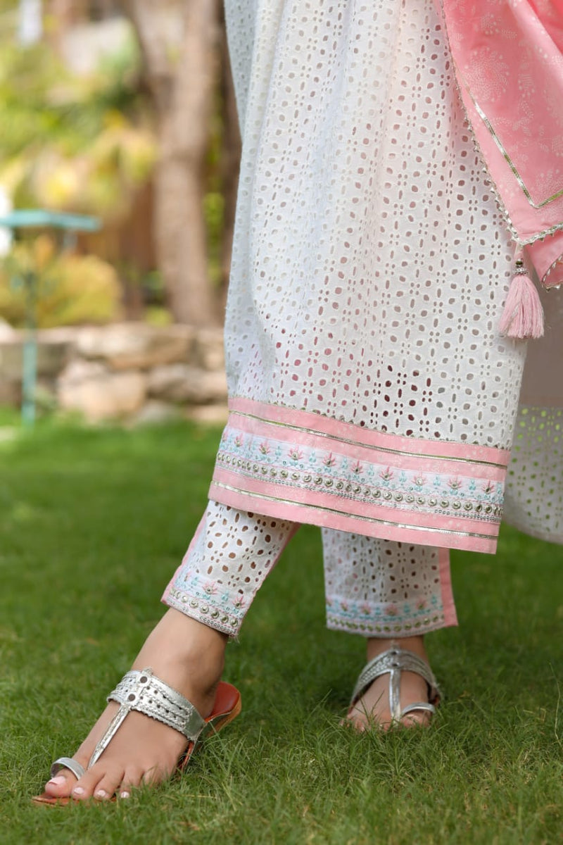 Beautiful white Nayra Cut Kurti With Pant and Dupatta