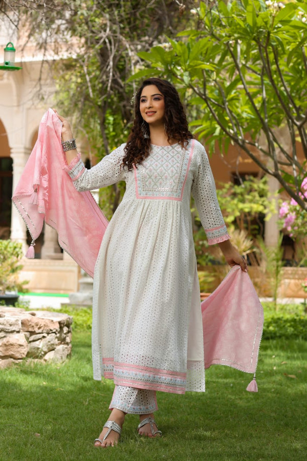 Beautiful white Nayra Cut Kurti With Pant and Dupatta