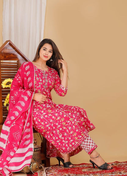 Beautiful Zari Work Anarkali Kurti With Pant And Dupatta