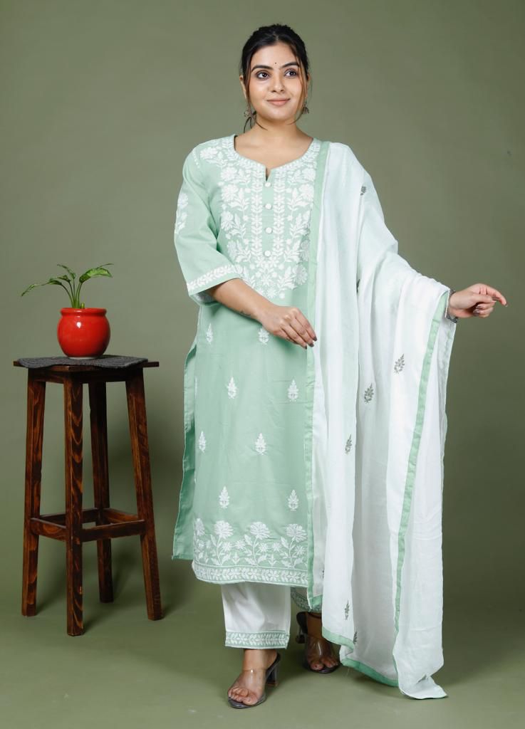 Cotton Bright Colour Chicken Embroidery Suit With Dupatta