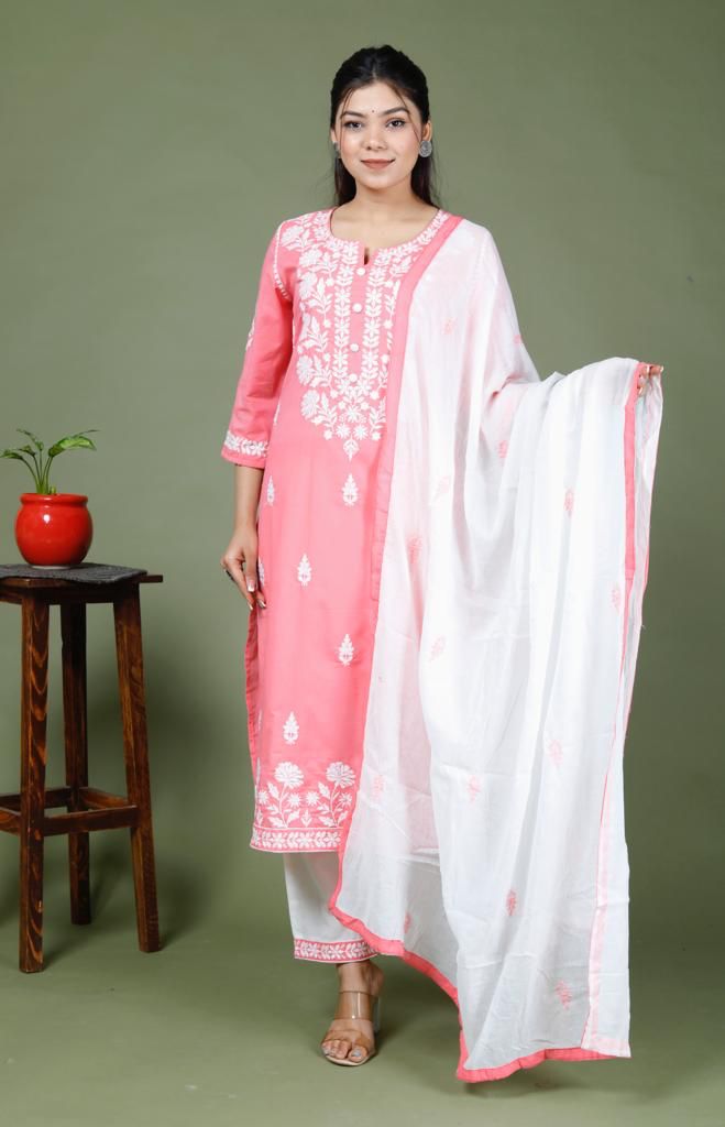 Cotton Bright Colour Chicken Embroidery Suit With Dupatta