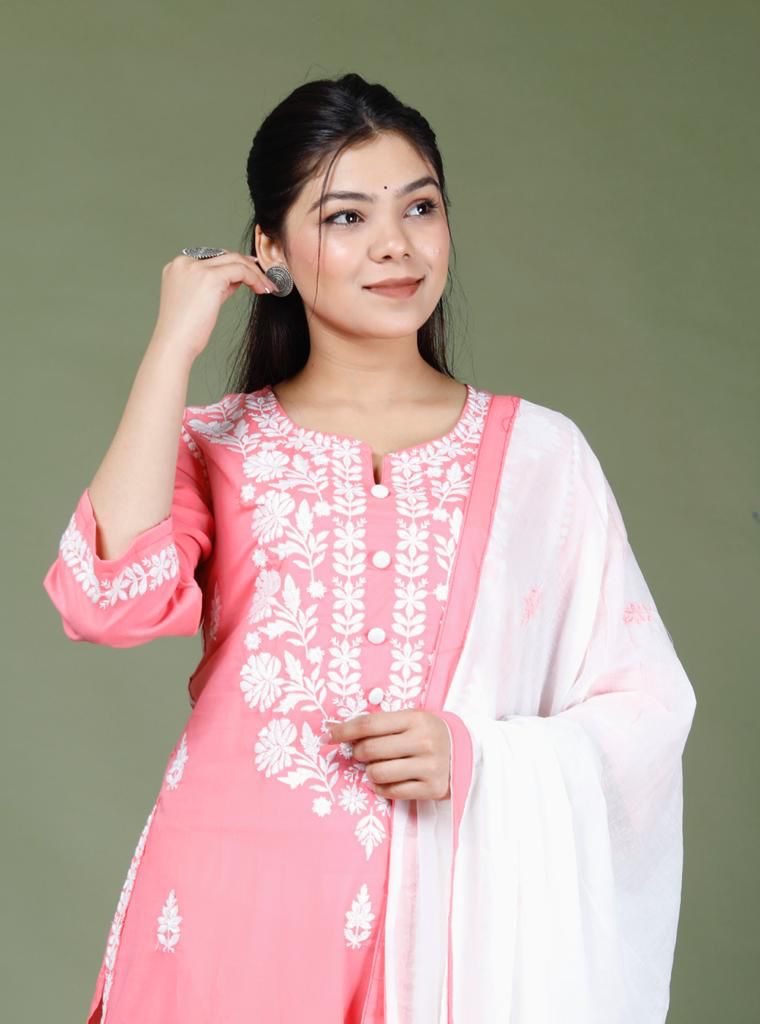 Cotton Bright Colour Chicken Embroidery Suit With Dupatta