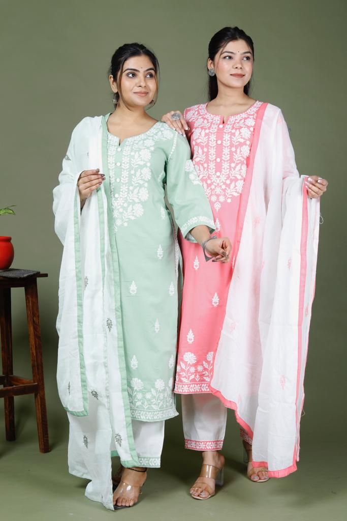 Cotton Bright Colour Chicken Embroidery Suit With Dupatta