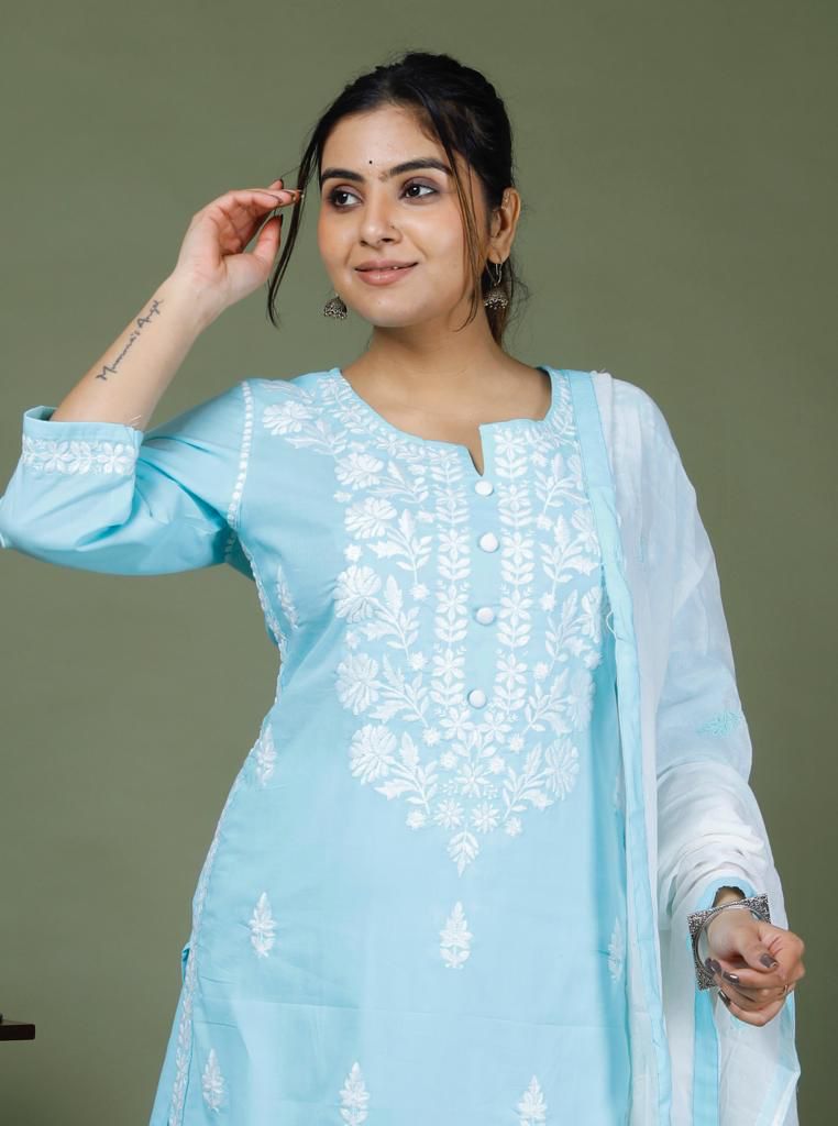 Cotton Bright Colour Chicken Embroidery Suit With Dupatta