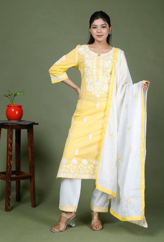 Cotton Bright Colour Chicken Embroidery Suit With Dupatta