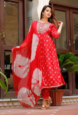 Beautiful Red Nayra Cut Kurti With Pant and Dupatta