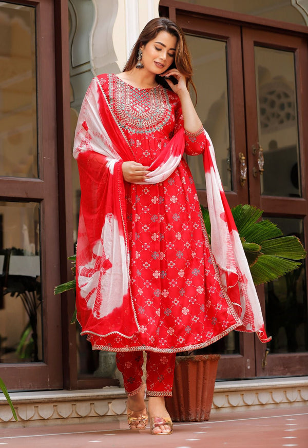 Beautiful Red Nayra Cut Kurti With Pant and Dupatta