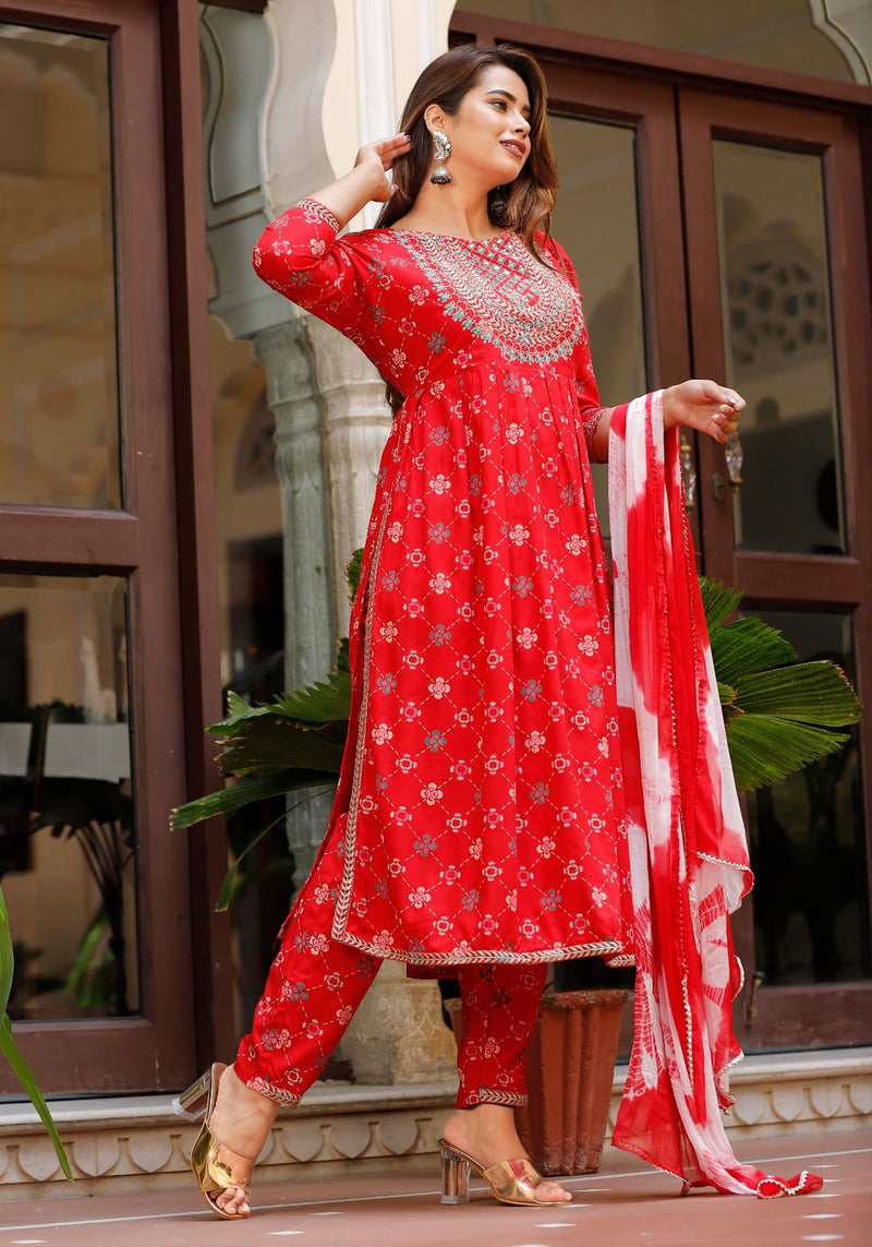 Beautiful Red Nayra Cut Kurti With Pant and Dupatta