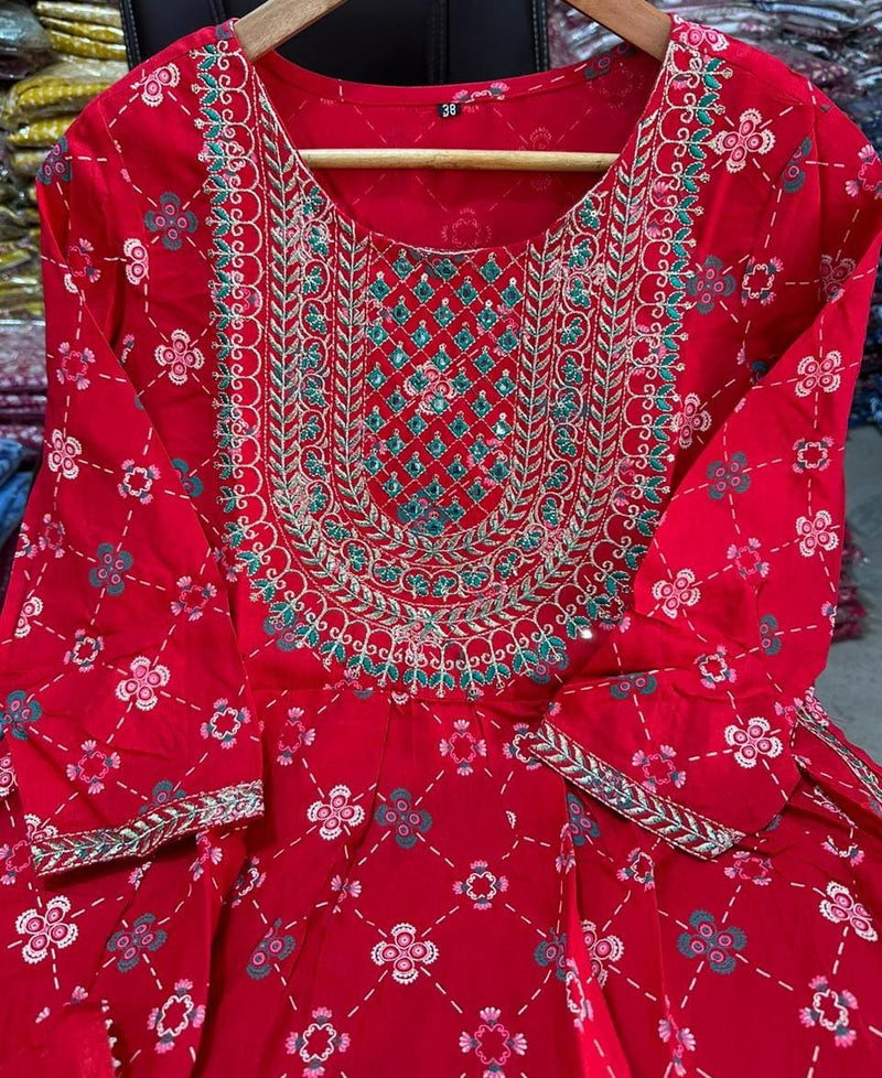 Beautiful Red Nayra Cut Kurti With Pant and Dupatta