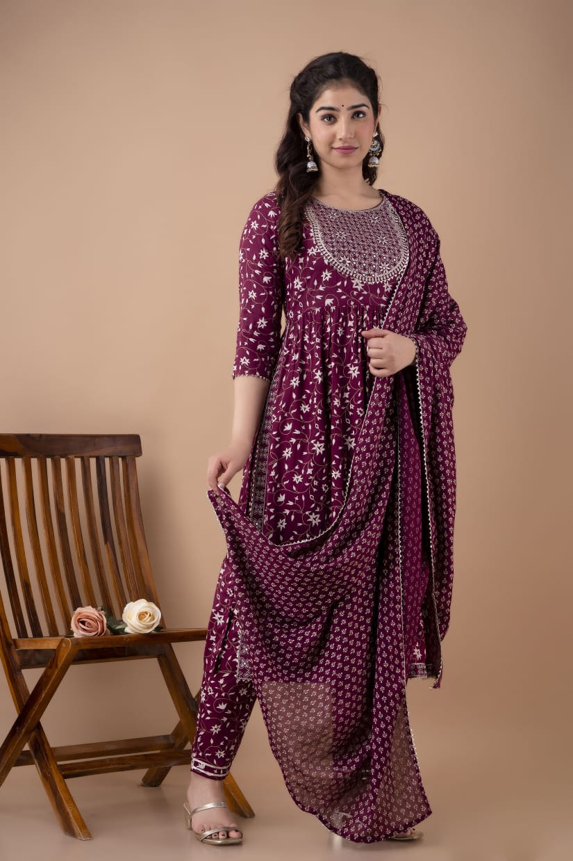 Premium Embroidered Nayra Cut Suit with Dupatta