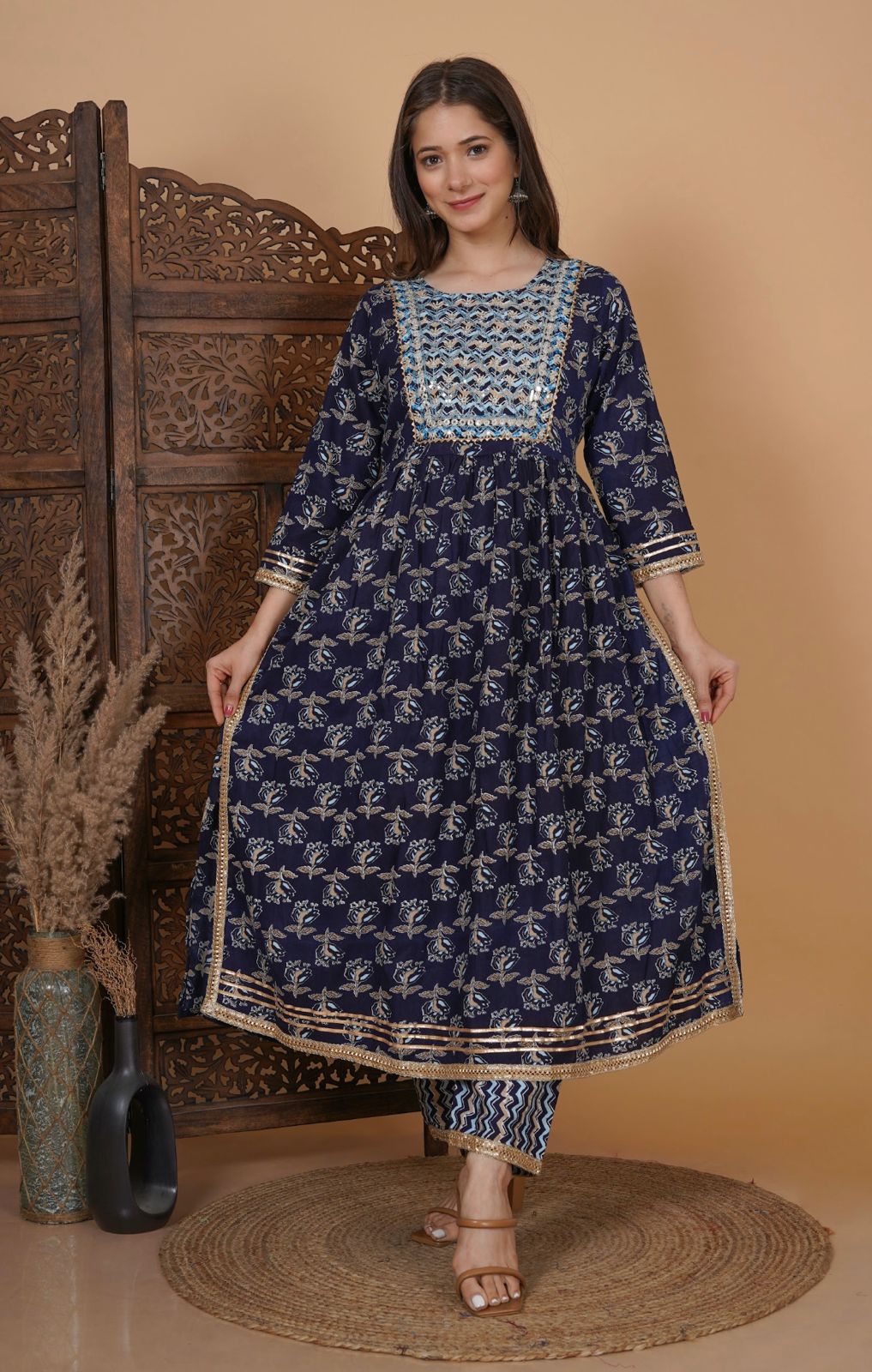 Beautiful Navy Blue Nayra Cut Kurti Set