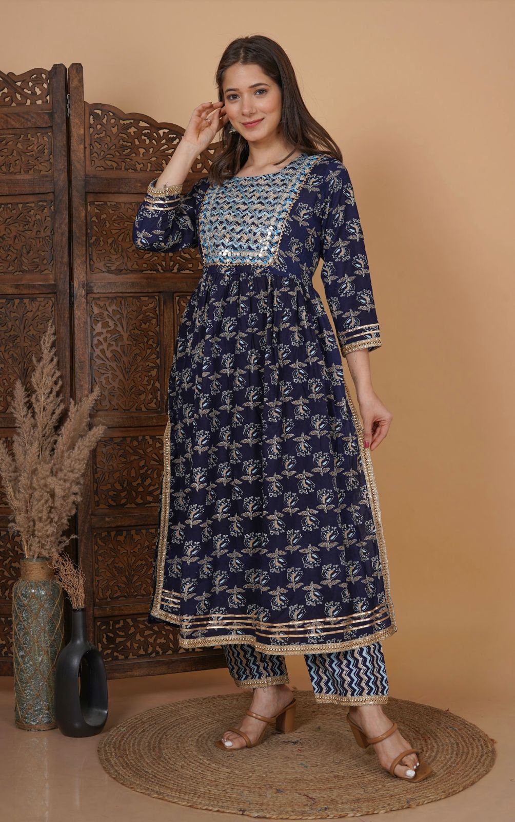 Beautiful Navy Blue Nayra Cut Kurti Set