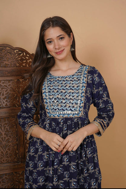 Beautiful Navy Blue Nayra Cut Kurti Set