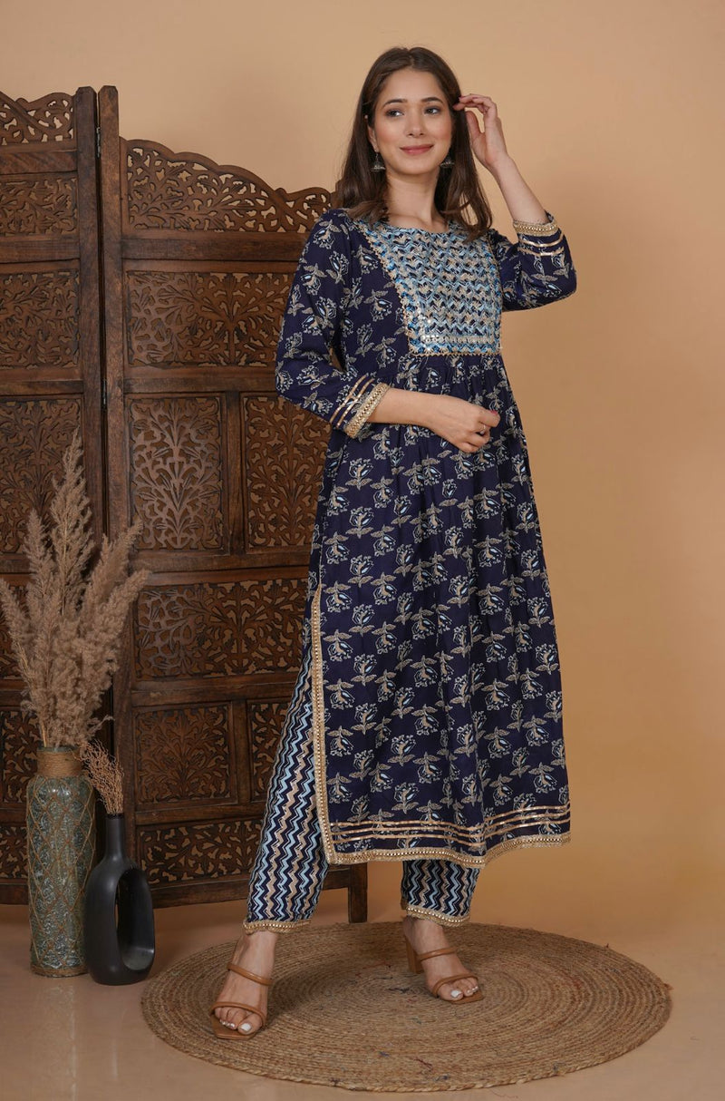 Beautiful Navy Blue Nayra Cut Kurti Set