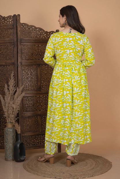 Beautiful Yellow Nayra Cut Kurti Set