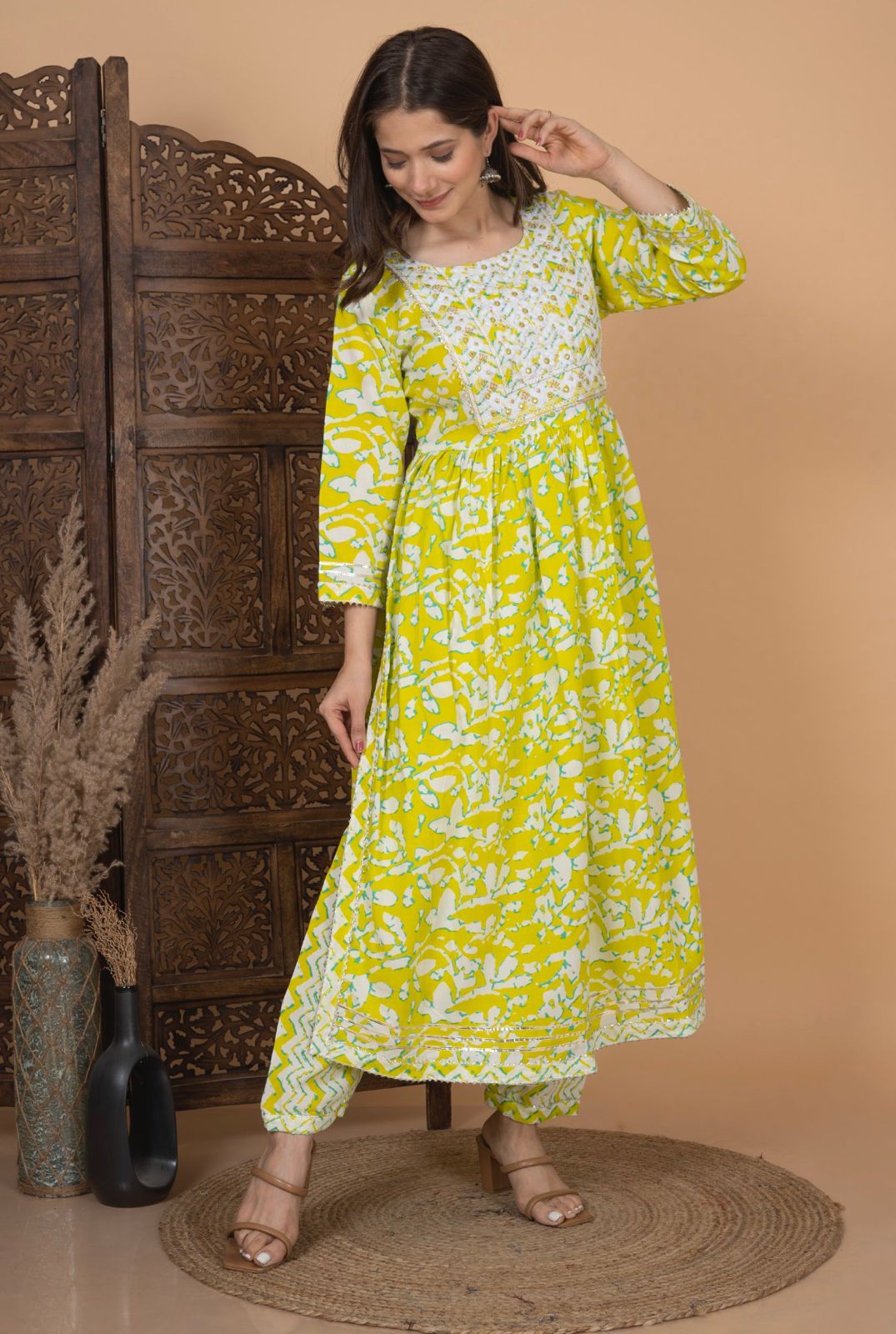 Beautiful Yellow Nayra Cut Kurti Set